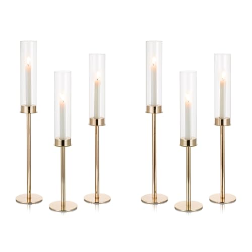 NUPTIO Hurricane Glass Candle Holders: Set of 6 Tall Gold Metal Candlestick Holder with Chimney Tube Brass Tiered Taper Candles Stands for Christmas Holiday Party Decoration 23.6 & 21.7 & 19.7 in - size: 23.6 & 21.7 & 19.7 in