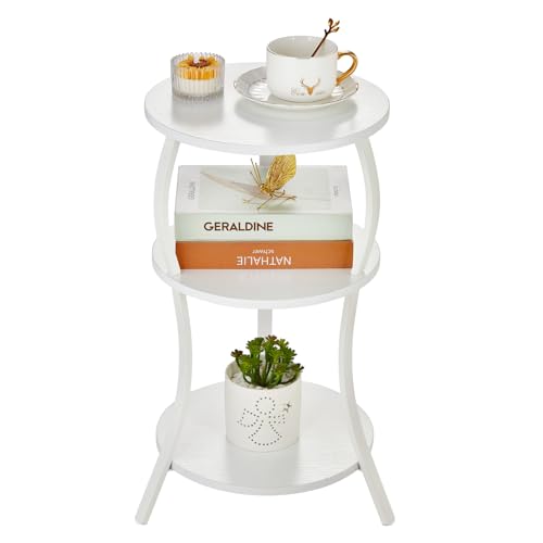 YEAKOO Vintage Small Round Side Table, 3-Tier Slim Waist Circular End Table with Storage Shelf, Compact Tea Sofa Table, Round Corner Coffee Table Nightstand for Living Room Bedroom Small Spaces,White - color: White, style: Classic