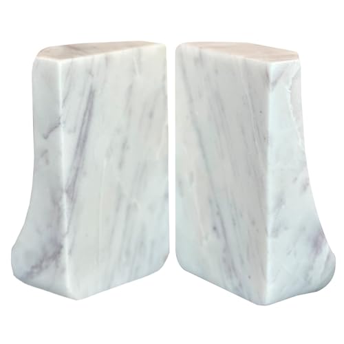 White Marble Bookends - Heavy Duty 9.8 lbs Stone Book Ends for Shelves, Modern Decorative Book Holder Set of 2 - Premium Handmade Marble Book Ends for Office, Library, or Home Decor