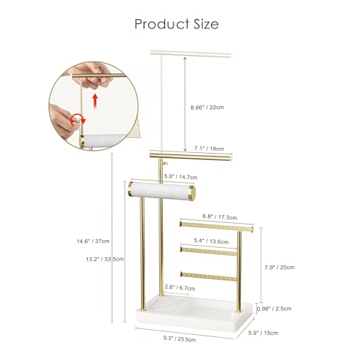 SZQINJI 5 Tier Jewelry Holder Organizer, Gold Jewelry Stand with Velvet Bracelet Holder, Adjustable Height Jewelry Display for Necklaces, Bracelets, Earrings, Rings, Gift Idea for Women, White - color: White
