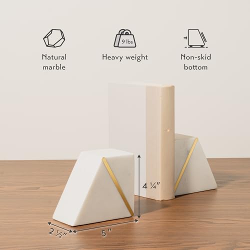 Cork & Mill Marble Book Ends for Shelves, Decorative Bookends for Heavy Books, Unique Mid Century Modern White and Gold Bookends with Brass Inlay, Heavy Duty Bookshelf Stopper, Set of 2 - color: White + Brass