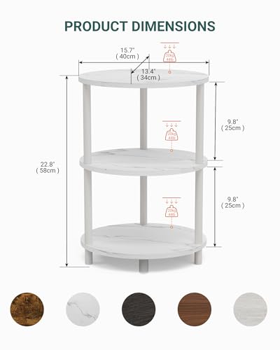Round Pedestal End Table - 3-Tier Oval Accent Table for Small Spaces, Rustic Wood and Metal Couch Side Table, Nightstand for Bedroom or End Table Living Room, Easy to Assemble, Marble White - color: Marble White, size: 1-Pack, style: Without Power Outlets