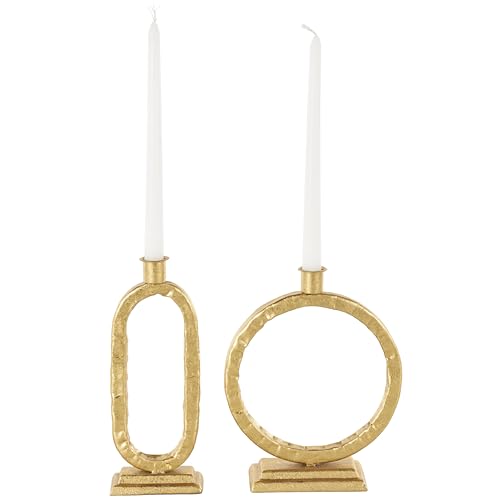 Deco 79 Metal Decorative Candle Holder Tapered Candle Stand with Rectangle Base, Set of 2 Candlestick Holder 10",9" H, Gold - color: Gold, size: 10",9"H
