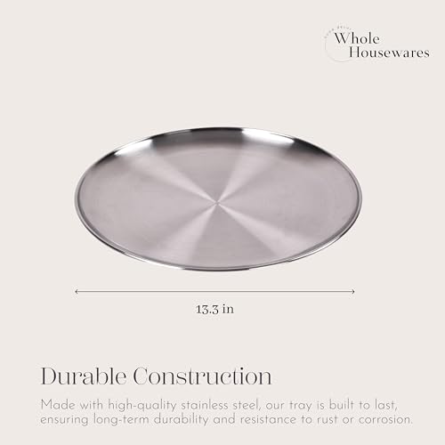 WHOLE HOUSEWARES Metal Serving Tray - Round Silver Serving Tray - Circular Metal Platter - Cocktail Serving Bar Tray - Chrome-Plated Steel Tray for Coffee Table - 13.3 x 0.4 inches - size: 13.4"