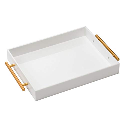 Glossy White Acrylic Lucite Serving Tray with Metal Handles,No Need to Assemble,11x14 Inch,Decorative Storage Organizer with Spill-Proof Design,Serving for Coffee,Breakfast,Dinner and More - color: White, size: 14" x 11" x 2"