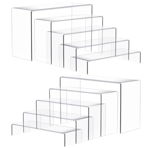 Anglelife 10 Pcs 2 Set 5 Size Large Acrylic Risers, (7”L~8”L~9”L) Rectangular Clear Risers Display Shelves, Transparent Acrylic Risers for Decor, Cupcake Candy Shoe Showcase Stands