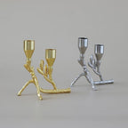 Elegant Gold Metal Tree Branch and Leaf-Inspired Dual Candle Holder Taper for Home Decor Tables top Tealight Wedding Centerpiece 5.12"x4.57" (Golden)