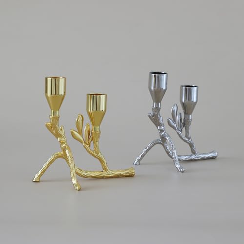 Elegant Gold Metal Tree Branch and Leaf-Inspired Dual Candle Holder Taper for Home Decor Tables top Tealight Wedding Centerpiece 5.12"x4.57" (Golden)