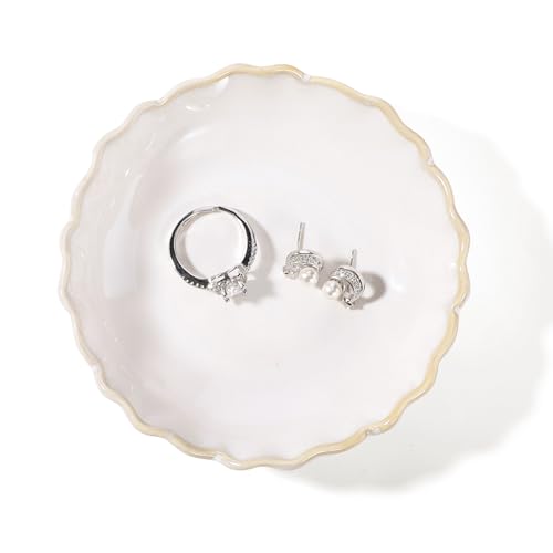 HOME SMILE Ring Jewelry Dish Pastel White Ruffled Ceramic|Trinket Tray for Earrings, Necklaces|Mothers Day Birthday Friendship Gifts for Women|Vanity Organizer & Bathroom Decor - color: White