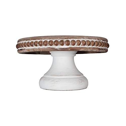 dwellington White Wash Round Display Wood Riser, 8.25” Shabby Chic Pedestal Tray Decor with Beads, Farmhouse Display Stands for Small Items in Coffee Bar, Bathroom, Kitchen Island