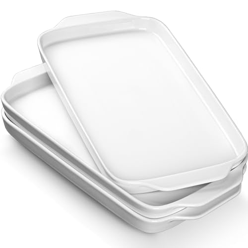 Dizada Large Serving Platter with Handles 16"x9" - White Porcelain Serving Trays Set of 3, Rectangular Platters for Entertaining, Party, Appetizer, Charcuterie