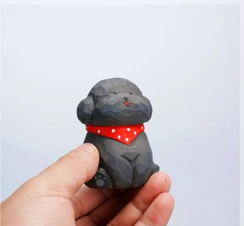 Hand-Carved Wooden Gray Teddy Dog Figurine, 2.7" Gray Puppy Statue with Base for Car Dashboard, Desk & Home Decor, Gift for Dog Lovers - color: Gray Teddy