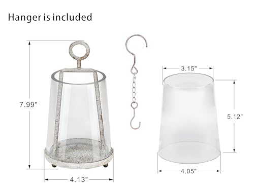 4" Wide Modern Farmhouse Metal Hurricane Candle Holder with Handmade Sturdy Glass Sleeve in Vintage White for 2" Pillar Candle & Plants, Glass Hurricane Lantern, Industrial, Minimalistic - color: White Shabby, size: 4"x7.5"