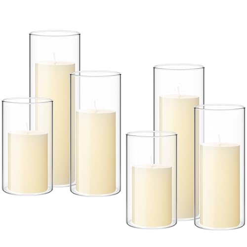 Shihanee Set of 6 Pillar Candles with Glass Cylinder Vases Clear Cylinder Hurricane Candleholders for Slim Tall Pillar Candles Wedding Table Centerpieces(2.6'' X 4.7'', 5.9'', 7.9'',Ivory) - color: Ivory White, size: 2.6'' X 4.7'', 5.9'', 7.9''