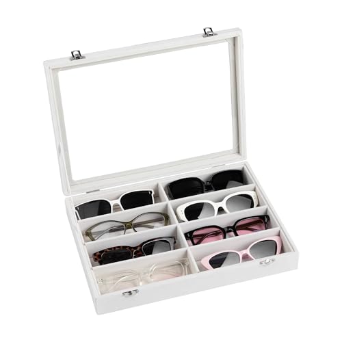 Frebeauty Sunglass Organizer,Velvet Glasses Organizer,8-Slot Sunglasses Tray with Clear Lid,Men's/Women's Sunglasses Box,Sunglass Case,13.3 x 9.6 x 2.2 Inches,Eyeglass/Eyewear Display Tray(White) - color: White, style: With Lid