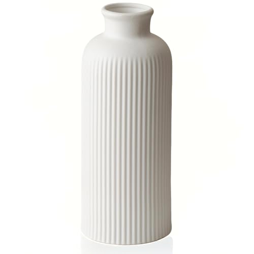 Natural White Ribbed Ceramic Vase for Flowers, Modern Textured Decorative Vase, 10 Inch Tall, 3.94 Inch Width, Farmhouse Style Home Decor (Bisque White) - color: Bisque White