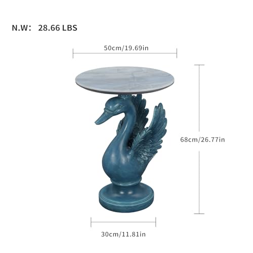 Luxurious Swan Side Table - 20" Premium Faux Marble Accent Table with Hand-Finished Resin Swan Statue Base - High-End Round End Table for Upscale Living Room, Master Suite - Tool-Free - color: Blue Swan