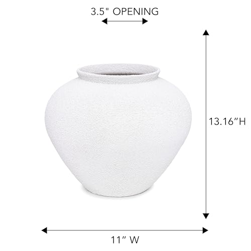 Rustic Rough-Textured Ceramic Vase, Handcrafted Texture Decorative Accent, White, 11.5" Wide x 9.75" Tall