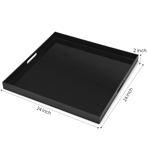 24×24 inches Oversized Black Acrylic Ottoman Tray Extra Large Decorative Tray Spill-Proof Serving Trays with Handles King-Size Safe Edge Organizer for Coffee Table Countertop Breakfast - color: Glossy Black, size: 24" x 24" x 2"