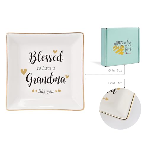 HOME SMILE Mother's Day Gifts for Grandma,Grandmother Ceramic Ring Jewelry Dish Tray Plate for Birthday Valentine's Christmas-Blessed to Have A Grandma Like You - style: Blessed to Have Grandma Like You