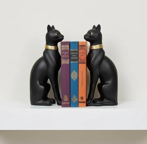 Comfy Hour 9.1" Black Egyptian Bastet Figurine Style Bookends, Antique Vintage Ancient Goddess Statue Home Decor, Heavy Duty Cat Book Stoppers Pair
