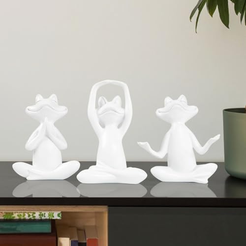 Suoedd White Frog Figurines Yoga Decor Set of 3 –Frog Yoga Statues for Modern Living Room Table Office Bookshelf Shelves Home Sculptures Decor - color: White Frog-3