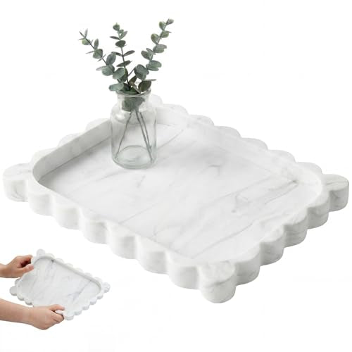 Silicone Bathroom Tray 11.5 x 8.7 Inch Scalloped Silicone Decorative Tray for Soap Dispenser Bottles, Bathroom, Dresser, Kitchen, Vanity, Home Decor, Marble Texture Design (White) - color: White