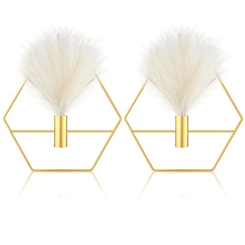 Peryiter 2 Pcs Boho Wall Decor Metal Gold Wall Art Hanging Planters with Artificial Pampas Modern Home Decor Display Art for Living Room Bedroom Bathroom(Hexagon) - style: Hexagon