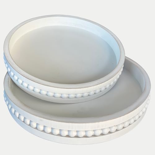 Tasse Verre White Beaded Decorative Tray Set (2-Pack) - 11.5 inch & 13 Inch - Round Rustic Decor Wooden Serving, Distressed Farmhouse Design Centerpiece for Coffee Table, Ottoman, Kitchen & Home