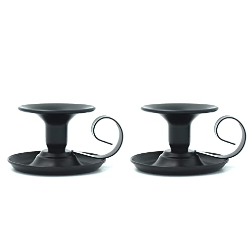 2-Pack Matte Black Short Metal Candle Holder, Modern Iron Taper Candle Stick Holder for Decorative Party, Dining Room, Table Centerpieces, Vintage Iron Base with Handle for Halloween Christmas Decor