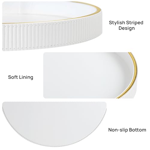 Round Decorative Tray for Coffee Table Decor, PU Leather Coffee Table Tray Golden Trim for Home Decor Living Room Dining Table, Perfume Trays Nightstand Organizer (White) - color: White