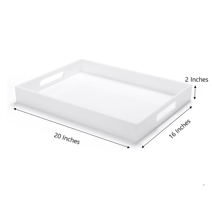 White Acrylic Large Ottoman Tray with Handles 16"x20"x2" Spill Proof Serving Tray Rubber Boot Organizer Tray Decorative for Living Room Bedroom Kitchen Entryway Coffee Table Countertop - color: White, size: 20" x 16" x 2"
