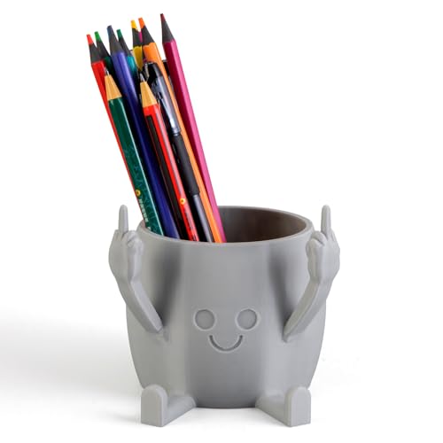 Funny Pen Holder, Middle Finger Figurine Pencil Holder for Office Desk Decor, 3D Printed, grey, Durable and Fun Gift Idea - color: Gray, size: Hand Gesture