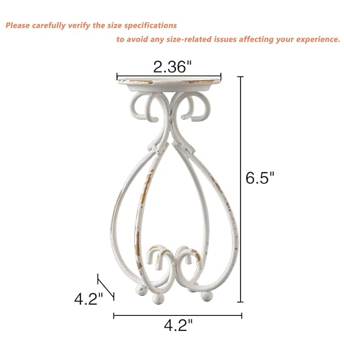 SOFE Vintage Metal Candle Holder, 6.5 Inches Tall White Candle Stand, Decorative Scrollwork Candle Pedestal with Distressed Finish, Indoor Classical Design for Pillar Candles