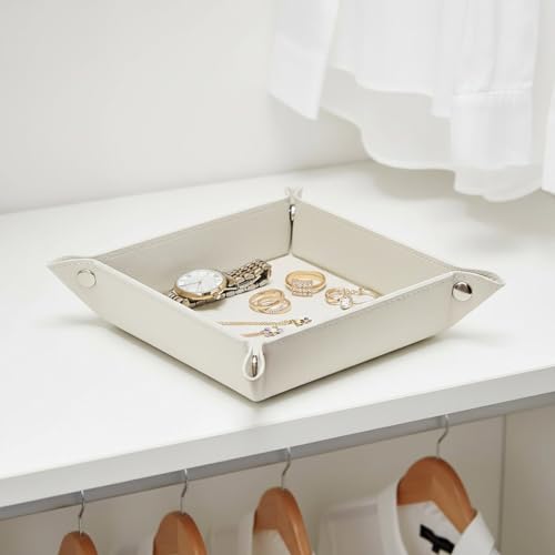 UnionBasic Valet Tray, Jewelry Tray for Rings Watches Earrings, Entryway Catchall Caddy for Coins Keys Change, Nightstand Organizer Bedside Valet Holder, Trays for Electronic Gadgets, Lychee Beige - color: Lychee Beige, size: 5.4" x 5.4" x 1.6"