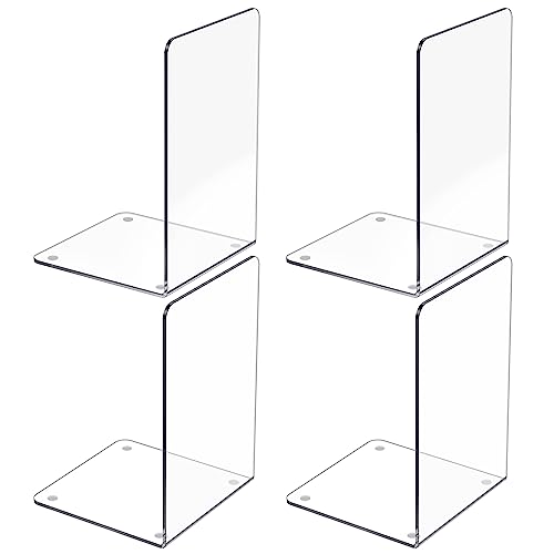 Acrylic Bookends 4 Pcs, Clear Book Ends for Shelves, Transparent Bookend Organizer, Book Holder Stand Decorative, Book Stoppers for Heavy Duty Books, CD, File, Video Games - color: Clear 4 Pieces