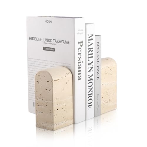 Koville Italian Travertine Bookends for Shelves, Decorative Book Ends, 7lbs Heavy-Duty Marble Book Holders, Bookshelf Apartment Decor for Normal Books/CD/Video Games(Travertino Romano) - color: Light Beige Travertine, size: 7lb