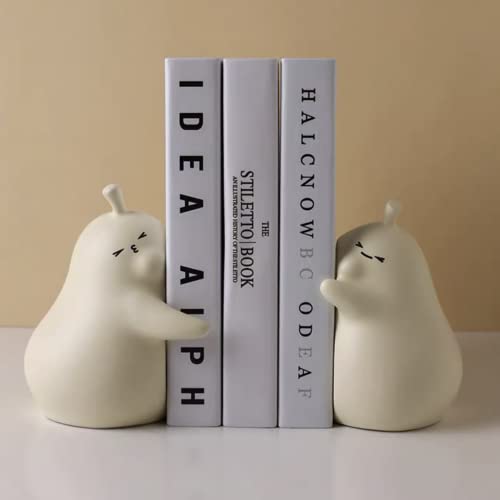 Linxia Pear Bookends Vanilla White Ceramic Creative Bookends for Shelves Book Holder Stopper for Books/Movies/CDs/Video Games (1 Pairs) Hug Style - color: Vanilla, size: Hug style