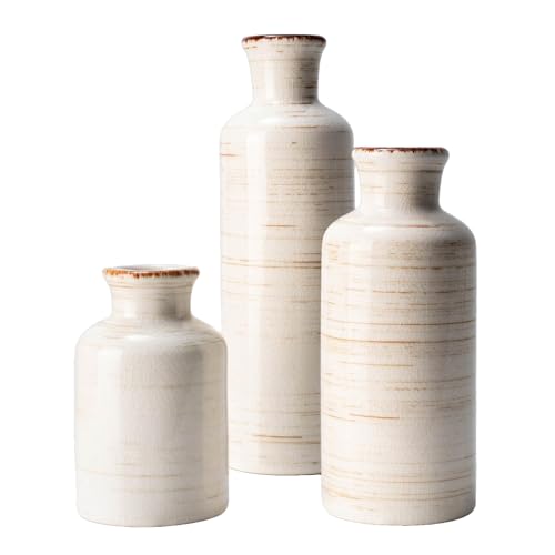 Vintage Ceramic Flower Vase Set of 3, Rustic Farmhouse Vase for Home Decor, Distressed Decorative Vase for Table Entryway Mantel Centerpiece Living Room Bathroom Bedroom (Linen Off-White) - color: 111-linen Off-white