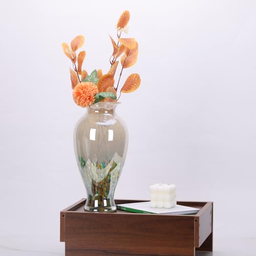 11.8" Tall Green Glass Vase Beautiful Hand Blown Glass Vase Modern Art Home Decor, Wide Mouth Colorful Vases for Mantle Dining Table Centerpiece, Entryway Living Room Wedding Decoration - color: Green