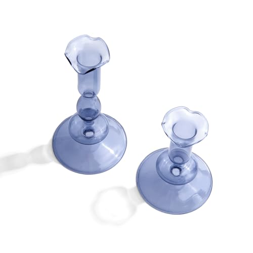 LampLust Taper Candle Holders, Set of 2 Blue Candle Holders, 4.5 & 6.5 in Glass Candle Holder, Fits Standard Taper Candles, Candle Sticks Holder Decor for Table Centerpieces, Coffee Table Decor