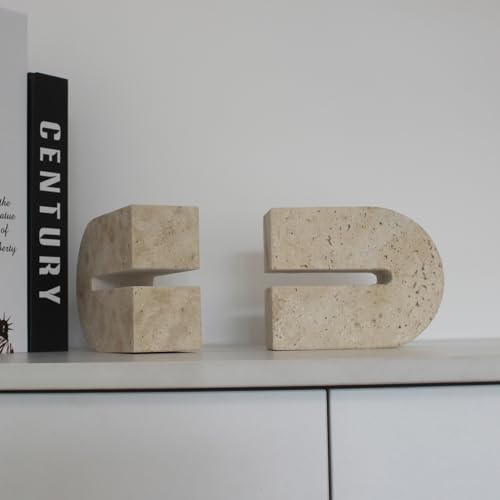 Set of 2 Natural Travertine Bookends for Shelves, Decorative Book Ends for Heavy Books, Solid Heavy Duty Book Stopper Office Bookshelf Decor for CDs/Video Games
