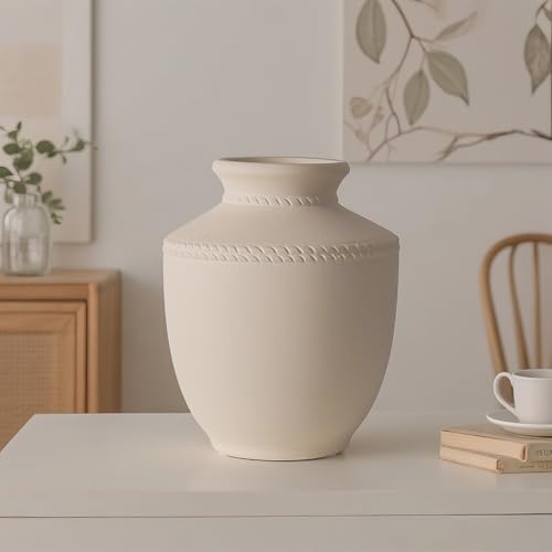 Farmhouse Ceramic Vase for Living Room Bedroom White 7.45'' Flower Bouquet Vase for Fake Plant Home Decor Office Fireplace Centerpieces Rustic Retro Vintage Modern Gift Decoration - color: White