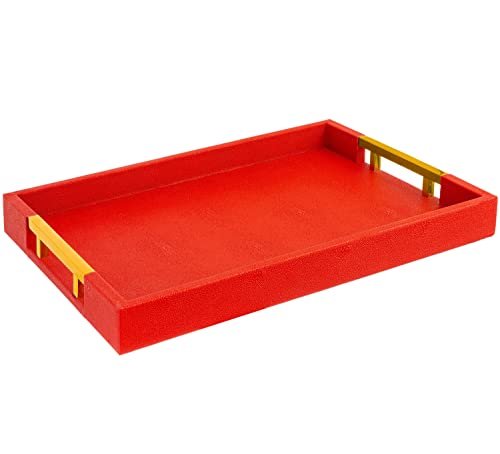 Modern Elegant 17.5"x12" Rectangle Red Shagreen Faux Leather Decorative Tray Ottoman Coffee Table Perfume Living Room Kitchen Serving Tray with Gold Polished Metal Handles by Home Redefined - color: Red/Gold