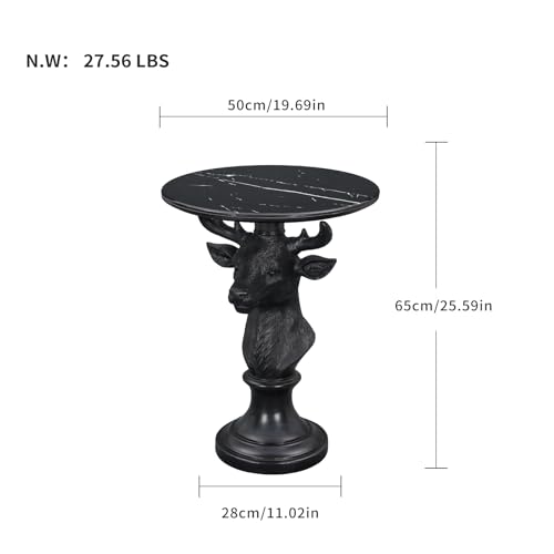 Modern Accent Table with Black Deer Sculpture Base, Minimalist Faux Marble End Table for Living Room Reception Area & Bedroom, 19.69 Inches Wide × 25.59 Inches High - color: Black Deer Statue Table