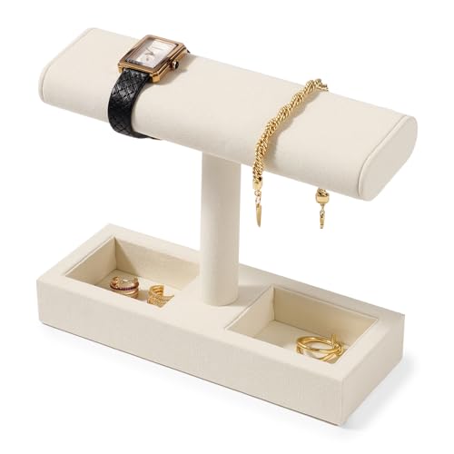 Microfiber Watch Display Stand T-bar Watch Ring Earrings Stand for Men and Women Jewelry Bracelet Wristwatch Organizer for Store and Home(Beige) - color: Beige