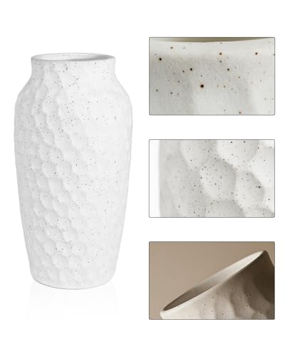 White Ceramic Vase for Flowers, Textured Speckled Hammered Finish Decorative Vase for Living Room, Table Centerpiece & Modern Home Decor - color: White, size: 12.4 Inch
