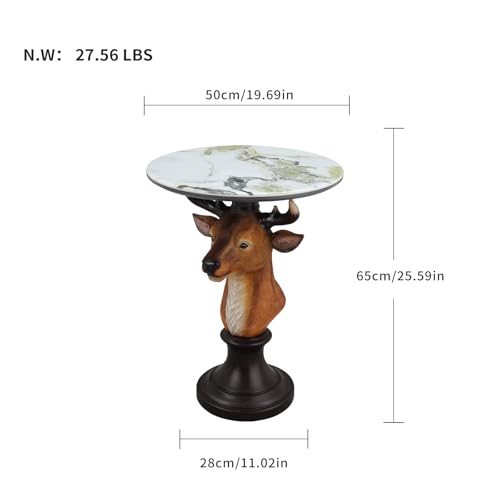 Deer Head Side Table - End Table with Faux Marble Top Unique Deer Statue Decor for Living Room Bedroom Entryway Elegant Animal Sculpture Modern Classical Decoration - color: Brown Deer Base