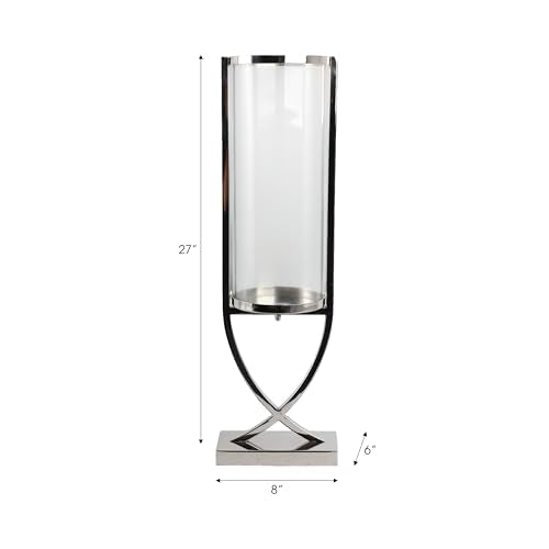 Contemporary Metal and Glass Hurricane Candle Holder - Decorative Pillar Candlestick Holder for Table Centerpiece - Elegant Home Decor Accents for Any Special Occasion Decoration - 27" Silver - color: Silver, size: 27"