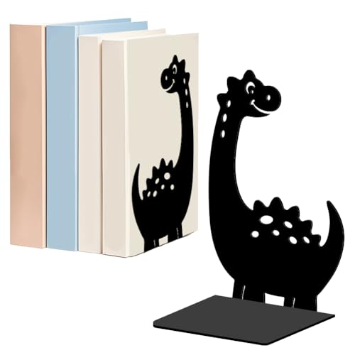 WADORN Cartoon Dinosaur Metal Bookends for Shelves Decorative 1 Pair, Heavy Duty Books End Support Non-Skid Book Holder Black L-Shaped Book Stopper for Home Office Desk Book Divider, 4.7x3.5x7 Inch - color: Dinosaur